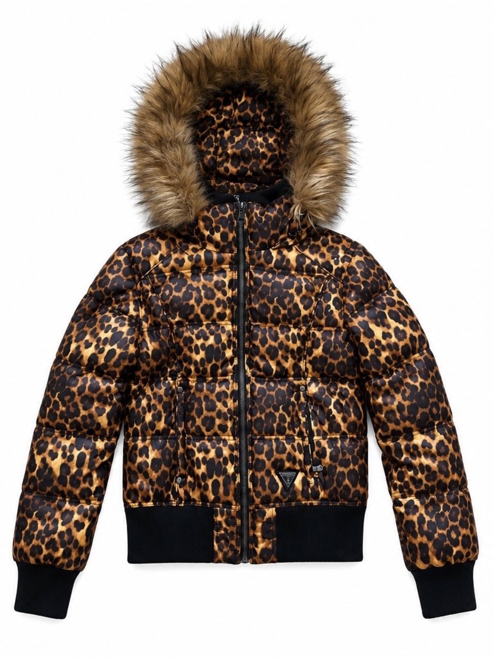 Guess Leopard Print Faux Fur Trim Puffer Jacket